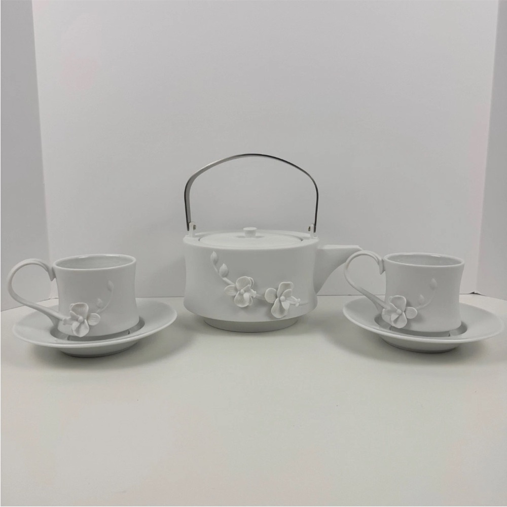 Teavana White Tea porcelain Set with Floral Orchid Flowers